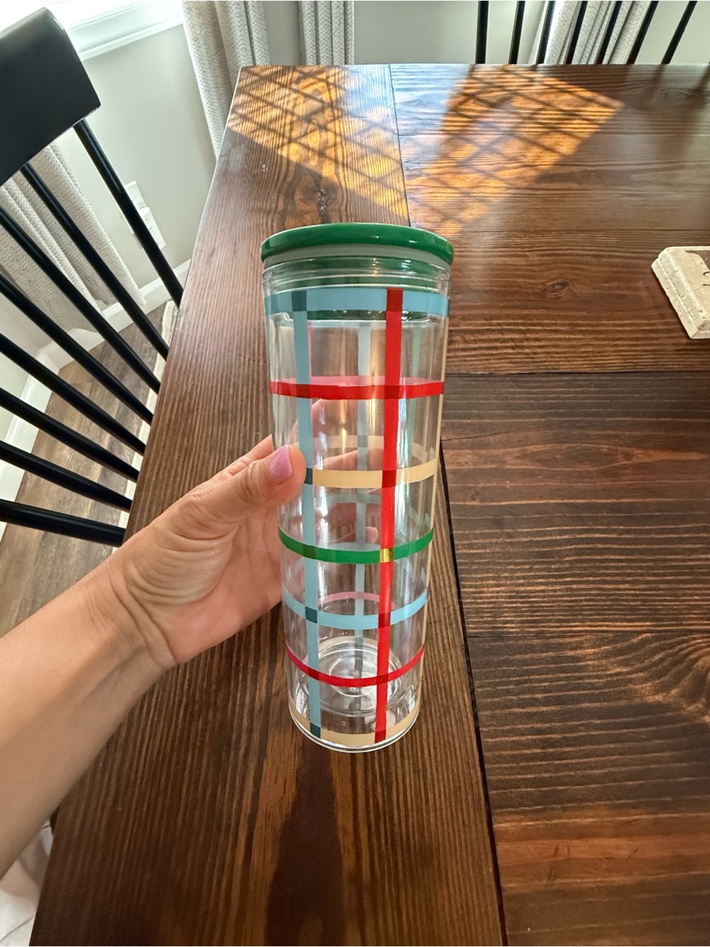 kate spade Clear Tumbler with Green Lid and Red, Blue & Cream Plaid